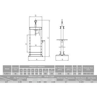 Pneumatinis / hidraulinis presas su manometru 40t