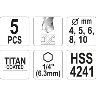 Grąžtų rinkinys HSS 1/4" (5vnt)(titano) 4.0-10.0mm