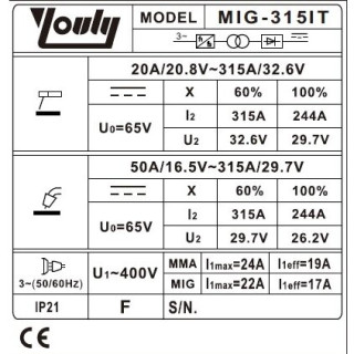 Daugiafunkcinis inverterinis suvirinimo pusautomatis MIG-315IT (IGBT) MIG/MAG/MMA