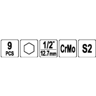 1/2" Galvučių smūginių su antgaliais rinkinys (HEX) (9vnt)