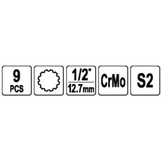 1/2" Galvučių smūginių su antgaliais rinkinys (SPLINE) (9vnt)